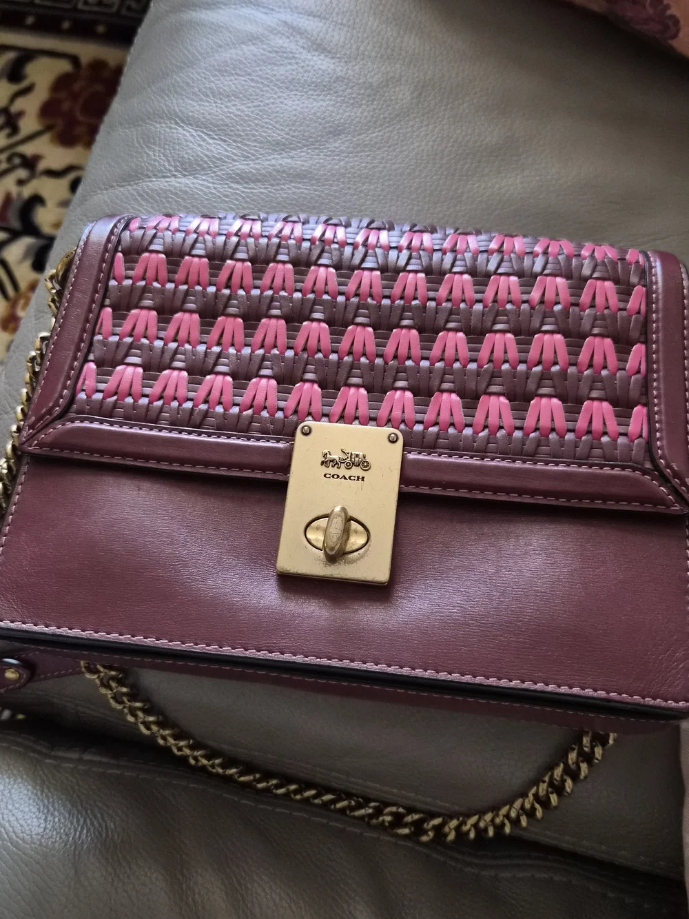 Coach Burgundy & Pink Woven Leather Crossbody Bag